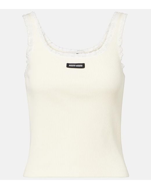 Tank Top De Algodon Con Encaje Miu Miu de color White