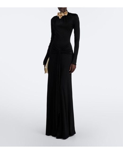 David Koma Black Draped Floral-Applique Gown