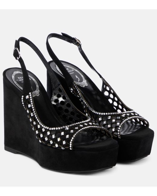 Rene Caovilla Black Embellished Suede Platform Sandals
