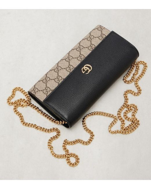 Gucci Black Gg Marmont Leather-Trimmed Wallet On Chain