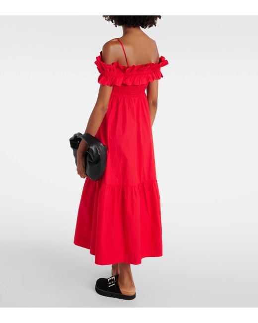 Ganni Red Ruched Cotton Poplin Midi Dress