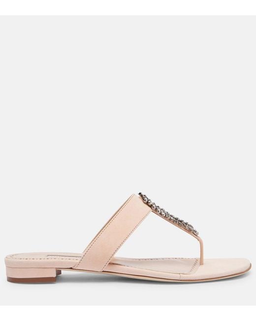 Manolo Blahnik Pink Bizaba Embellished Suede Thong Sandals