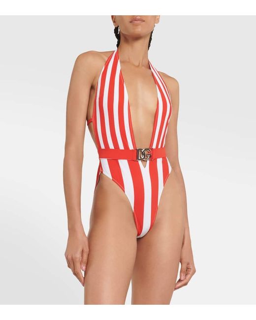 Dolce & Gabbana Red Portofino Striped Halterneck Swimsuit