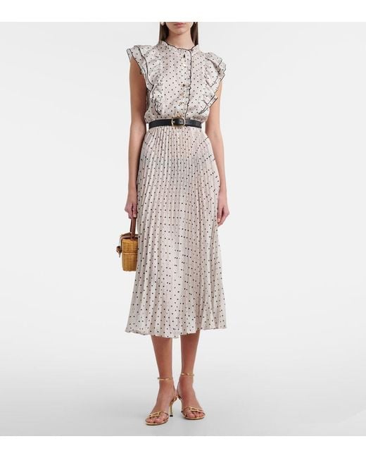 Self-Portrait White Belted Polka-Dot Pleated Midi Dress
