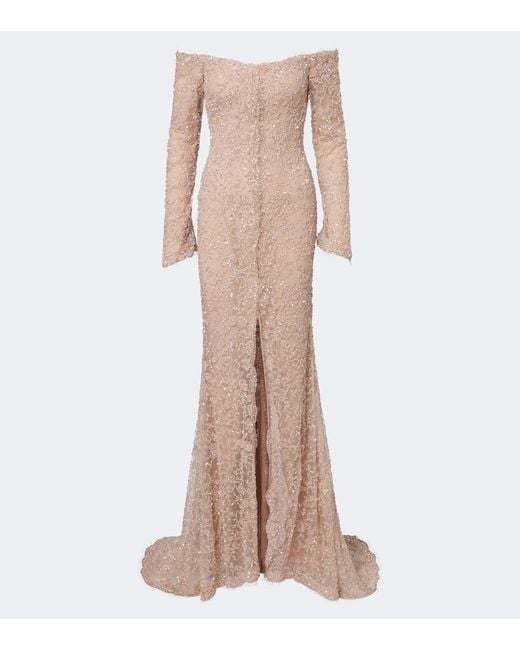 Marmar Halim Natural Sequined Lace Off-Shoulder Gown