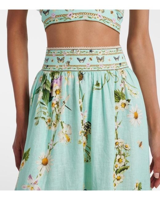 Camilla Green Floral Tiered Linen Maxi Skirt