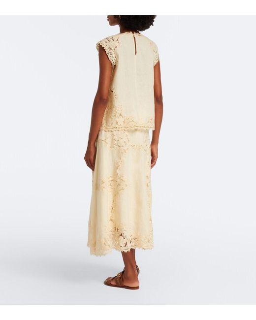 Ulla Johnson Natural Fleur Crochet-Trimmed Linen Midi Skirt