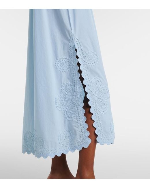 Juliet Dunn Blue Embroidered Scalloped Cotton Midi Dress