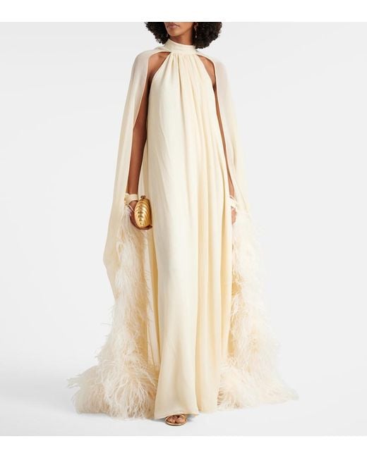 Taller Marmo Natural Feather-Trimmed Silk Gown