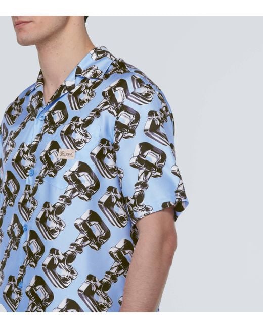 Gucci Blue Horsebit Printed Silk Bowling Shirt for men