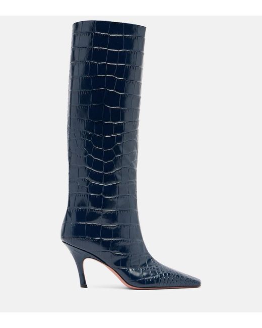 AMINA MUADDI Blue Mona Croc-Effect Leather Knee-High Boots