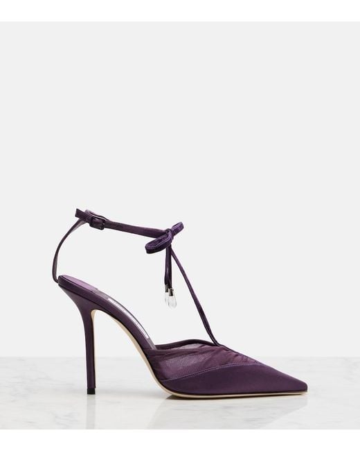 Jimmy Choo Purple Afia 100 Velvet-Trimmed Satin Pumps
