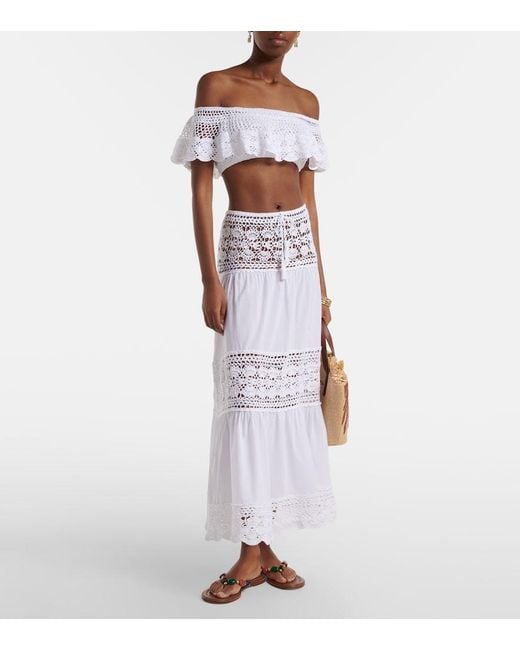 Anna Kosturova White Crochet Off-Shoulder Cotton Crop Top