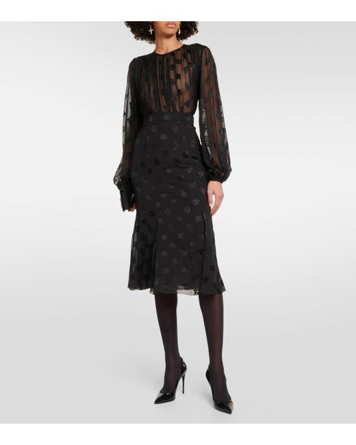 Dolce & Gabbana Black Dg Devore Satin Midi Skirt