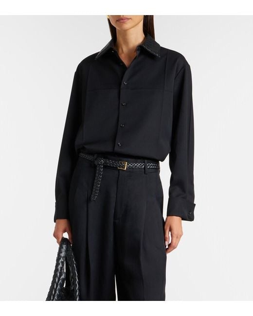 Bottega Veneta Black Intrecciato Leather-Trimmed Wool Shirt