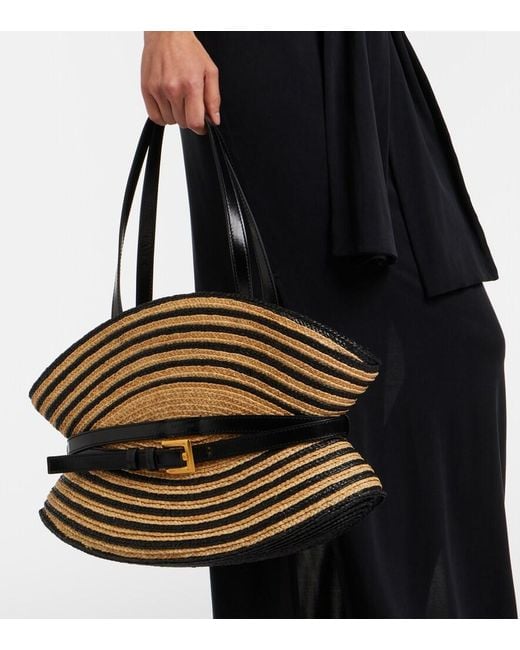 Balmain Black Raffia-Effect Striped Shoulder Bag