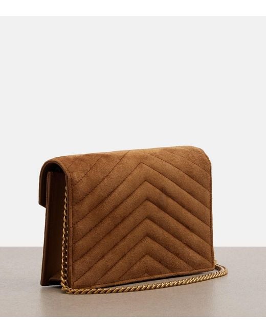 Saint Laurent Brown Cassandre Mini Suede Wallet On Chain