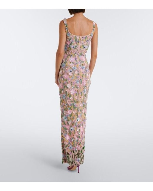 La Fuori Pink Embellished Floral-Applique Gown