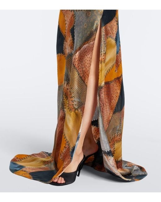 Roberto Cavalli Metallic Draped Printed Silk Satin Maxi Dress