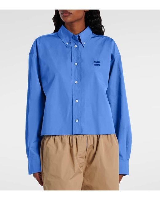 Camisa De Popelin De Algodon Cropped Miu Miu de color Blue