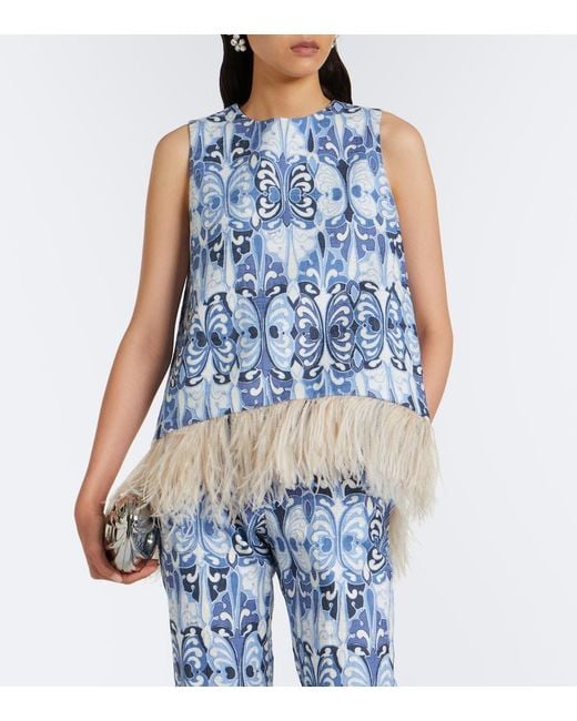 LaDoubleJ Blue La Scala Feather-Trimmed Cotton Top