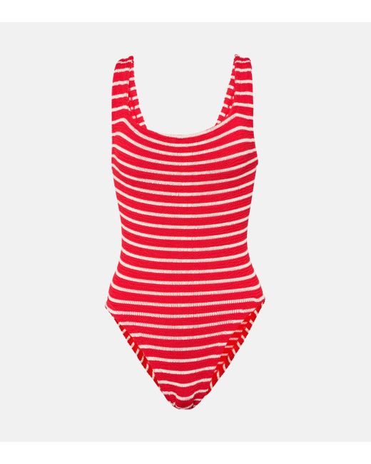 Hunza G Red Square Neck Striped Swimsuit