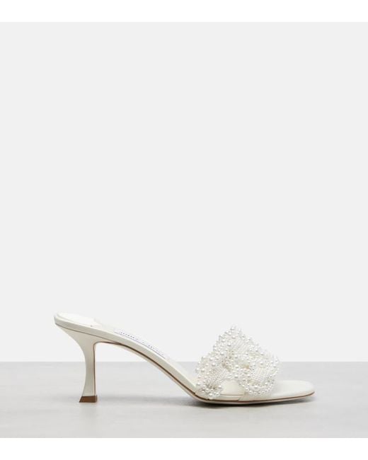 Jimmy Choo White Mules Cary 70 Aus Satin Mit Zierperlen