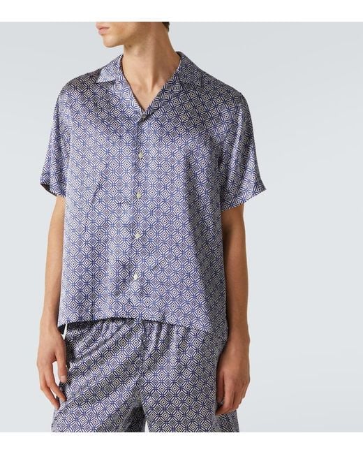 Frescobol Carioca Blue Roberto Printed Silk Bowling Shirt for men