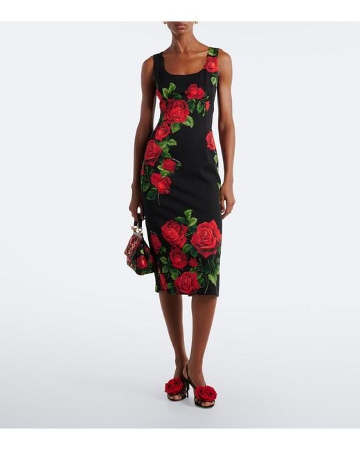 Dolce & Gabbana Red Floral Silk-Blend Midi Dress