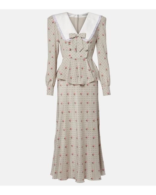 Alessandra Rich Natural Floral Polka-Dot Silk Midi Dress