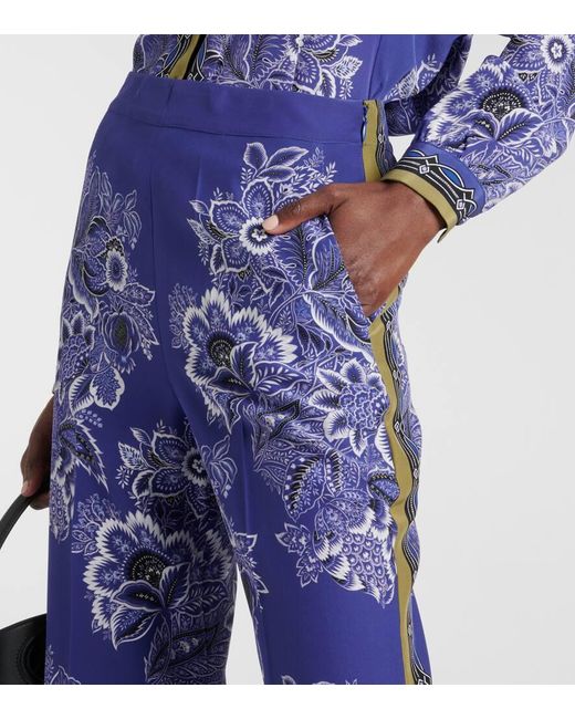 Etro Blue Paisley High-Rise Silk Wide-Leg Pants
