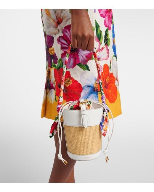Dolce & Gabbana White Leather-Trimmed Raffia Bucket Bag