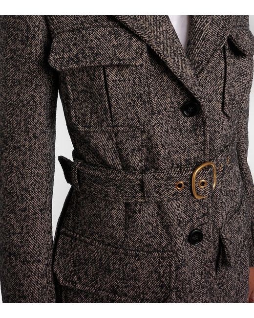 Chloé Black Belted Herringbone Wool-Blend Coat