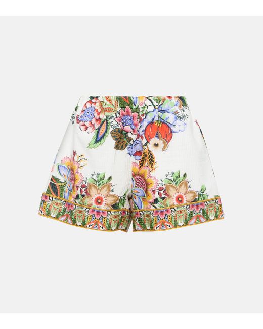 Etro White Floral Cotton And Silk Shorts