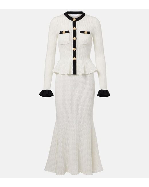 Vestido Midi De Pointelle Con Peplum Self-Portrait de color White