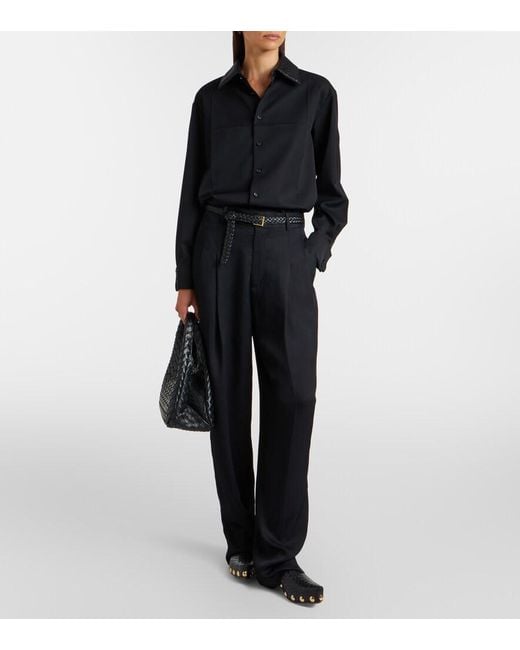 Bottega Veneta Black Intrecciato Leather-Trimmed Wool Shirt