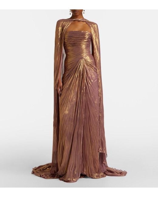 Marmar Halim Brown Caped Pleated Bustier Gown
