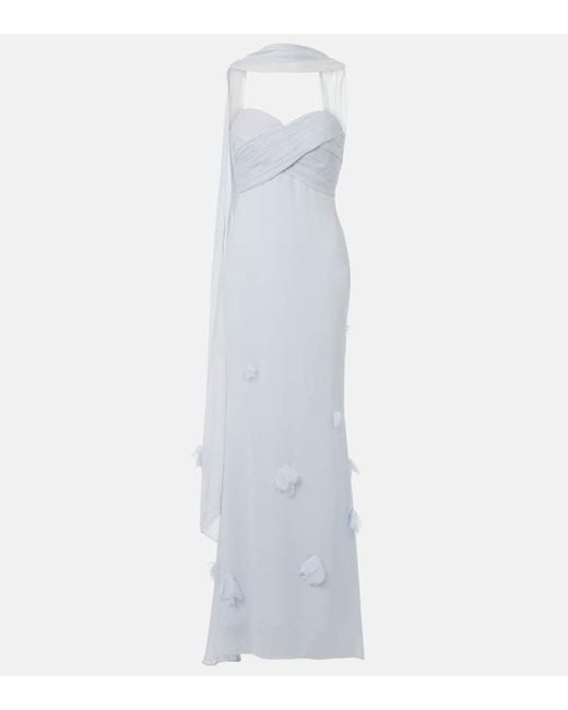 Self-Portrait White Floral-Applique Silk-Detail Georgette Gown