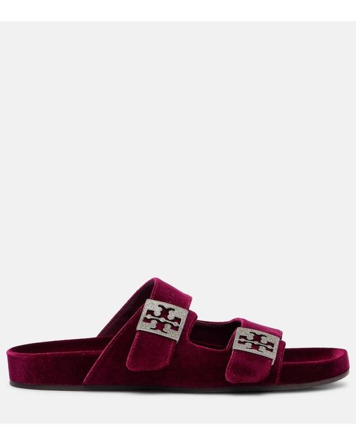Tory Burch Red Mellow Embellished Velvet Slides