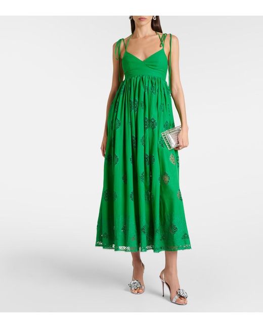 Erdem Green Embroidered Cotton-Blend Midi Dress