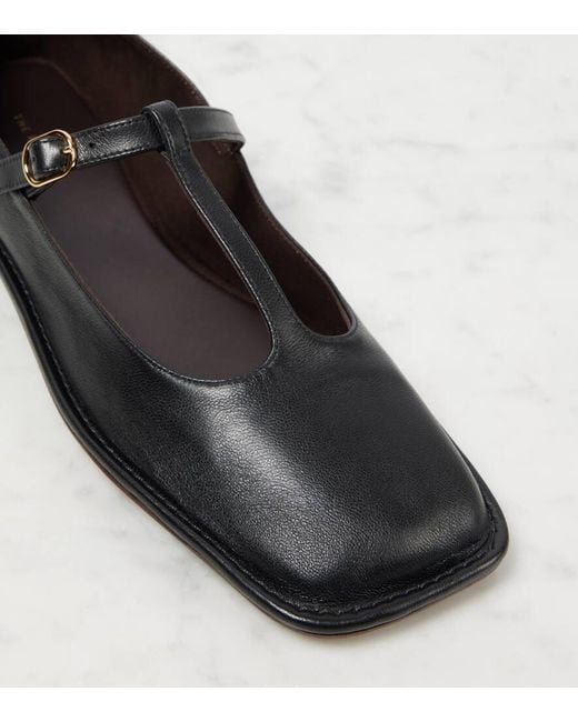The Row Square T-Strap Leather Flats in Black | Lyst
