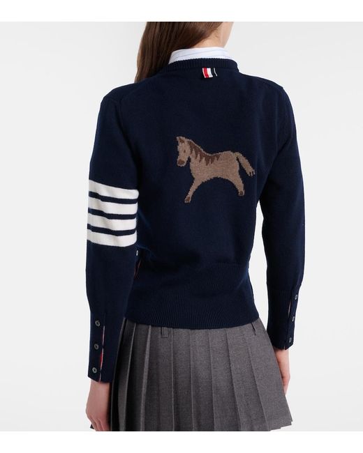 Thom Browne Blue 4-Bar Intarsia Virgin Wool Cardigan
