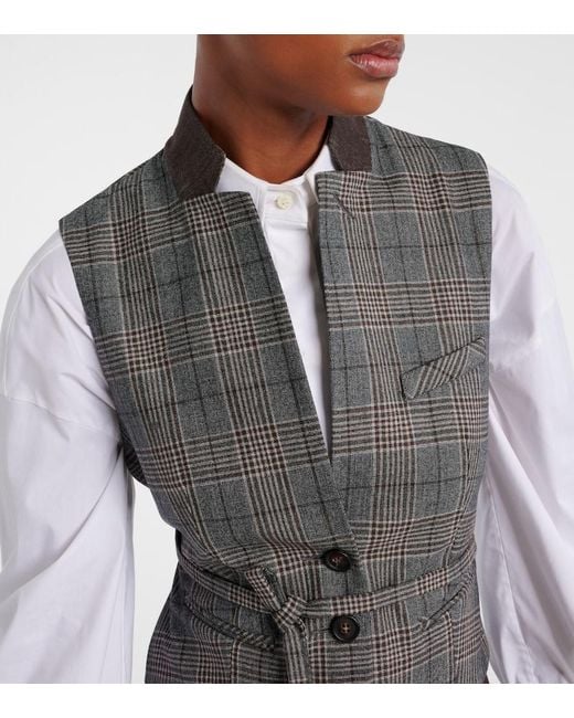 Brunello Cucinelli Gray Belted Checked Virgin Wool Vest