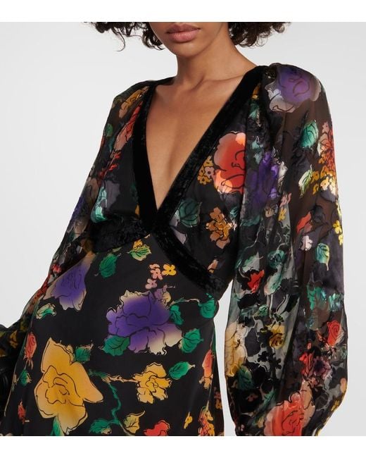 Rixo Black Ayla Floral-Print Silk Midi Dress