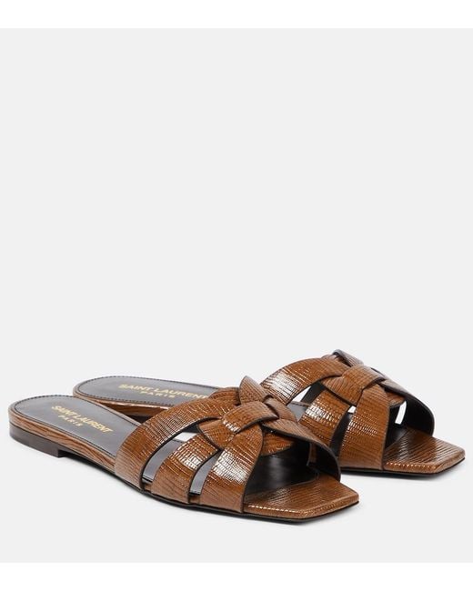 Saint Laurent Brown Tribute Lizard-Effect Leather Slides