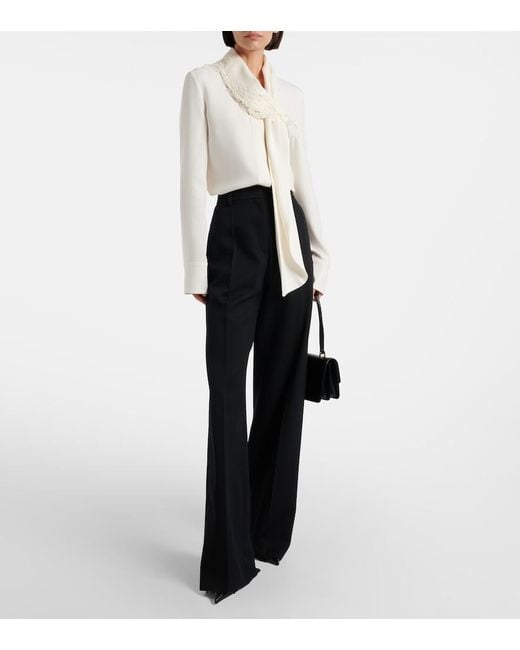 Oscar de la Renta White Lace-Trimmed Silk-Blend Georgette Blouse