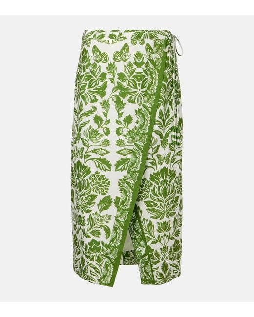 Farm Rio Green Delicate Tapestry Linen-Blend Midi Skirt
