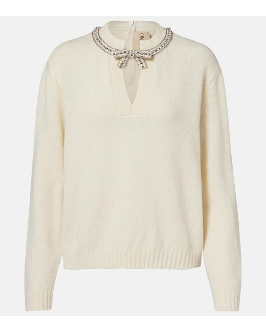 Valentino White Embellished Bow-Detail Virgin Wool Sweater