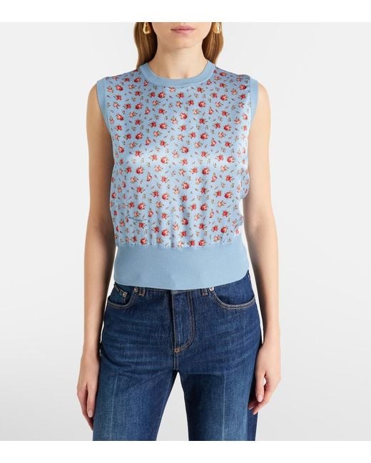 Dolce & Gabbana Blue Floral Silk Sweater Vest
