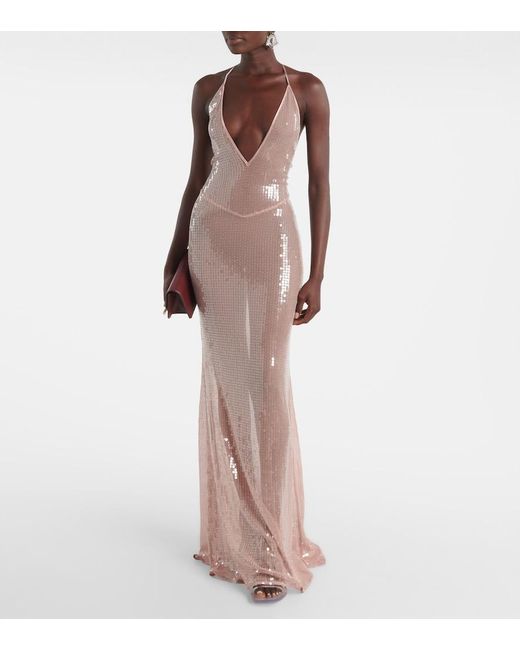 The New Arrivals Ilkyaz Ozel Pink Claudie Sequined Sheer Gown